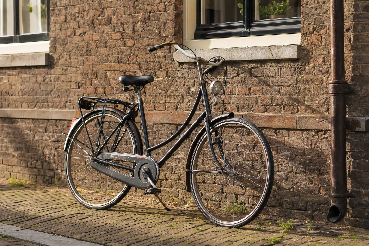 Tweedehands stadsfiets tegen een muur