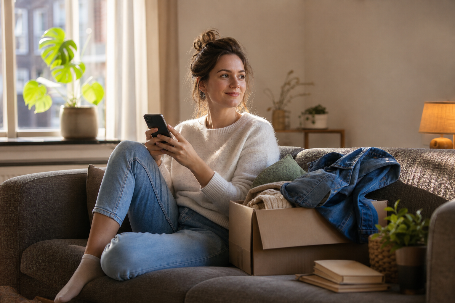 Iemand bekijkt thuis tweedehands aanbod op een telefoon