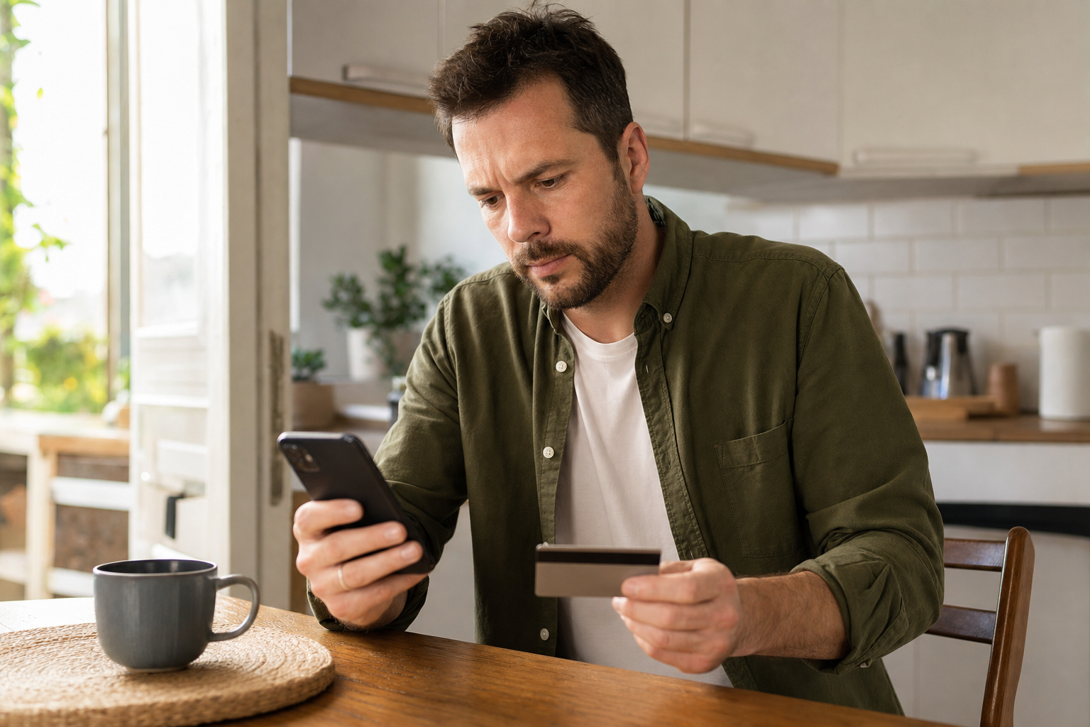 Iemand bekijkt zorgvuldig een betaalverzoek op de telefoon